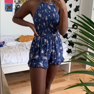 blue floral halter neck romper